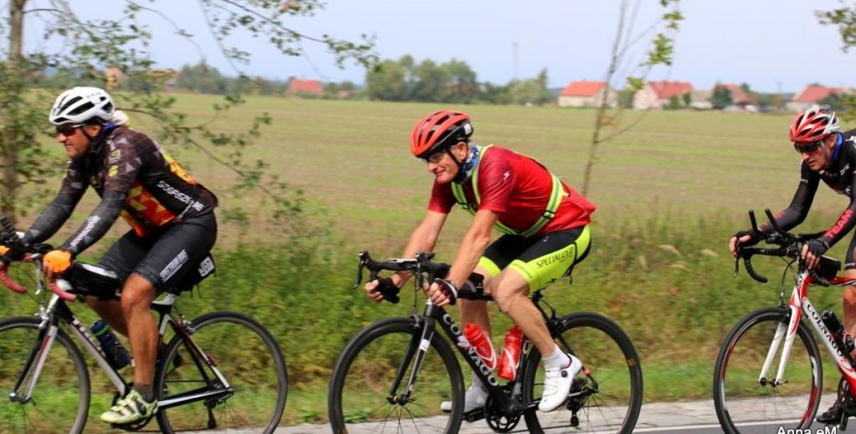 Trzech rowerzystów jadących po drodze, w drugim planie łąka i wiejskie zabudowy