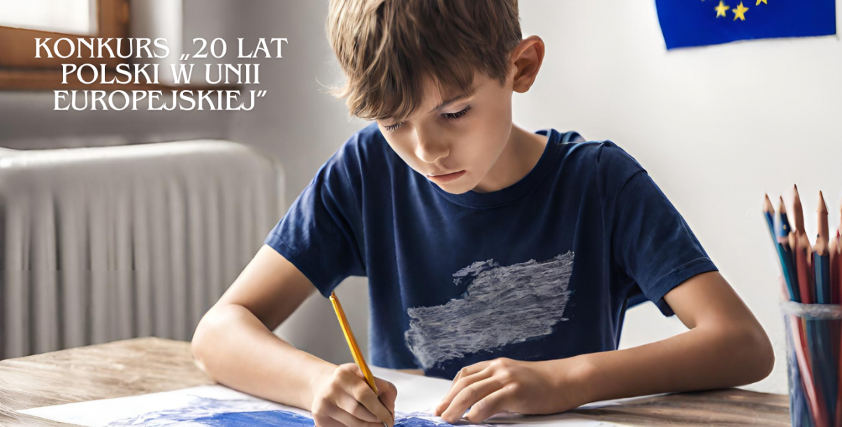 Chłopiec w niebieskiej koszulce siedzi przy stole i rysuje na kartce