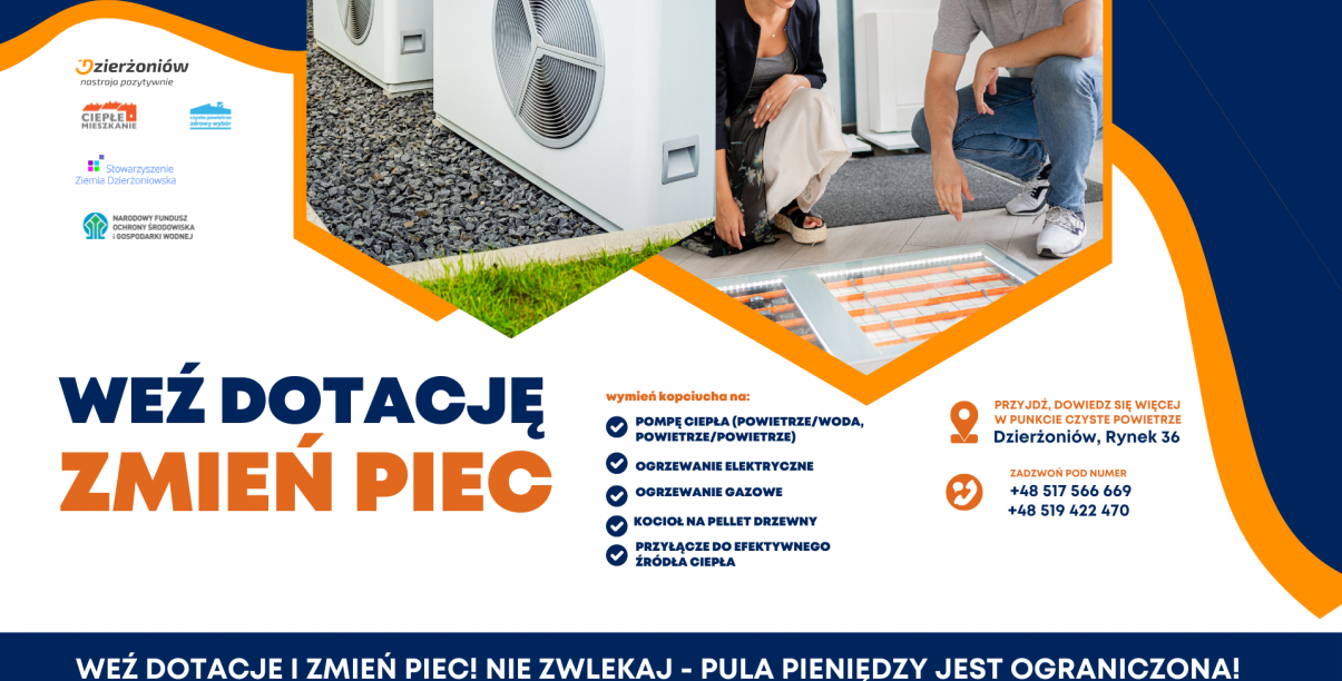 napis Weź dotację i zmień piec, obrazek z pompą ciepła i ogrzewaniem podłogowym, logotypy  