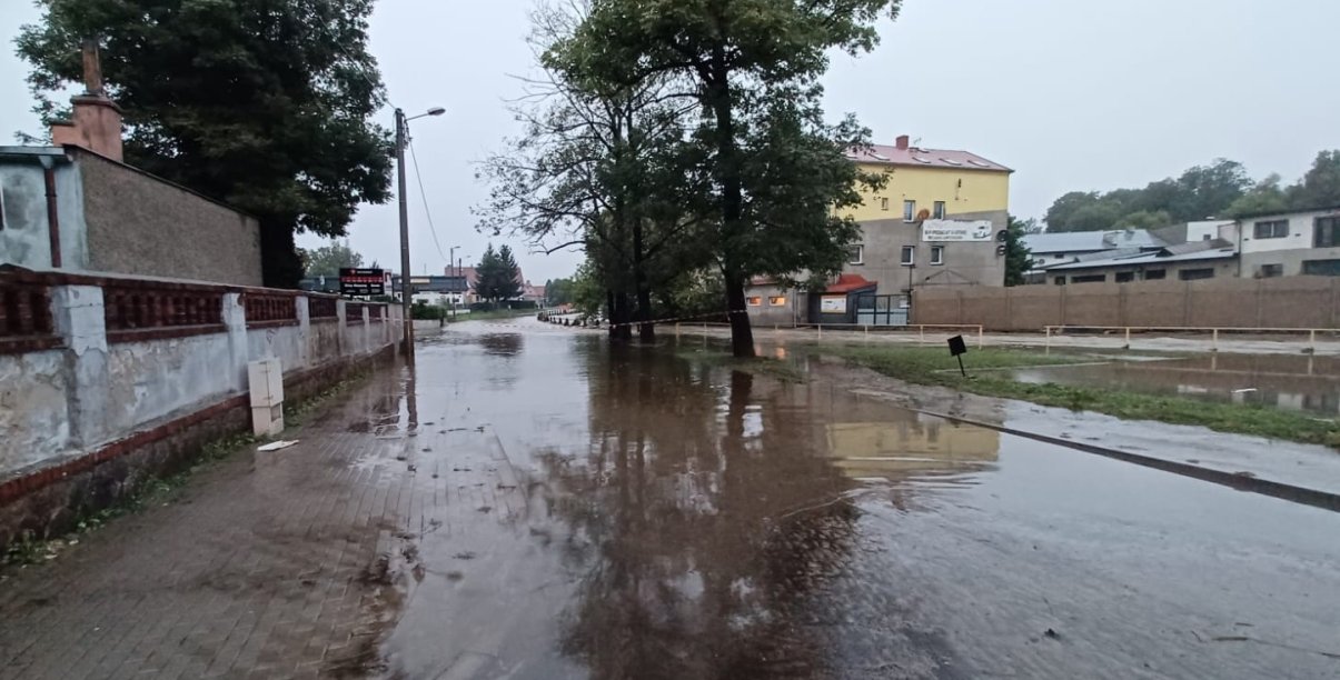 Droga zalana wodą, obok koryto rzeki pełne wody