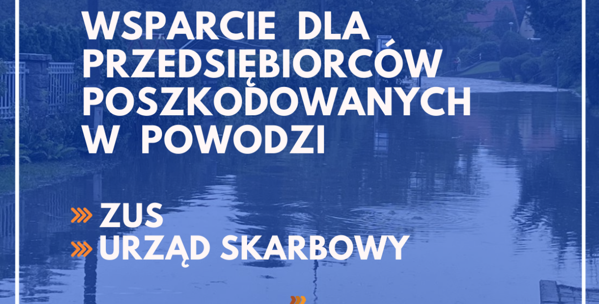 Grafika, niebieskie tło, napis Wsparcie dla przedsiębiorców poszkodowanych w powodzi: ZUS, Urząd Skarbowy. Logotyp Invest in Dzierżoniów. W tle ulica zalana wodą.