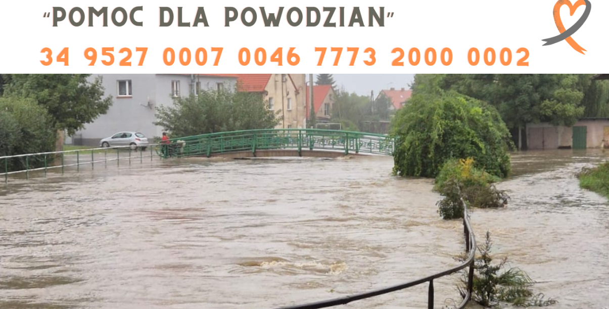 Woda wylewająca z rzeki, u góry napis pomoc dla powodzian i numer konta