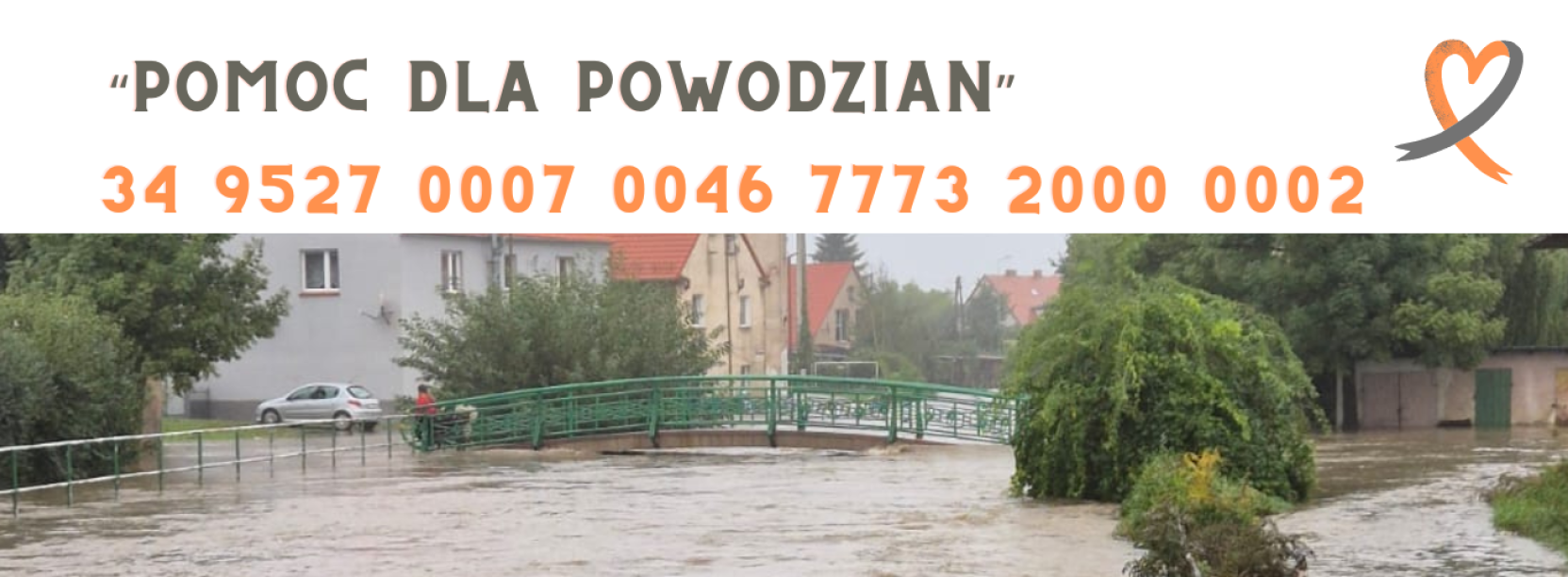 Woda wylewająca z rzeki, u góry napis pomoc dla powodzian i numer konta