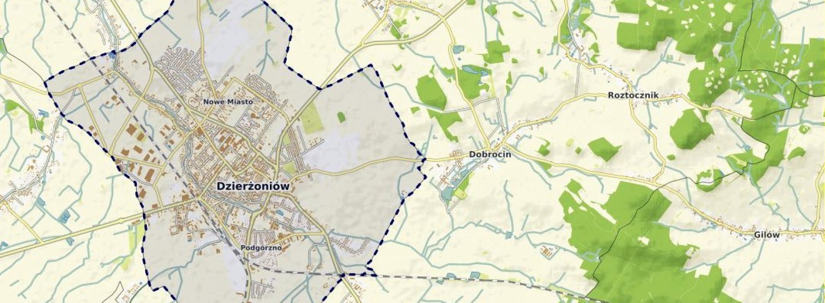 Mapa z zaznaczonymi granicami Dzierżoniowa