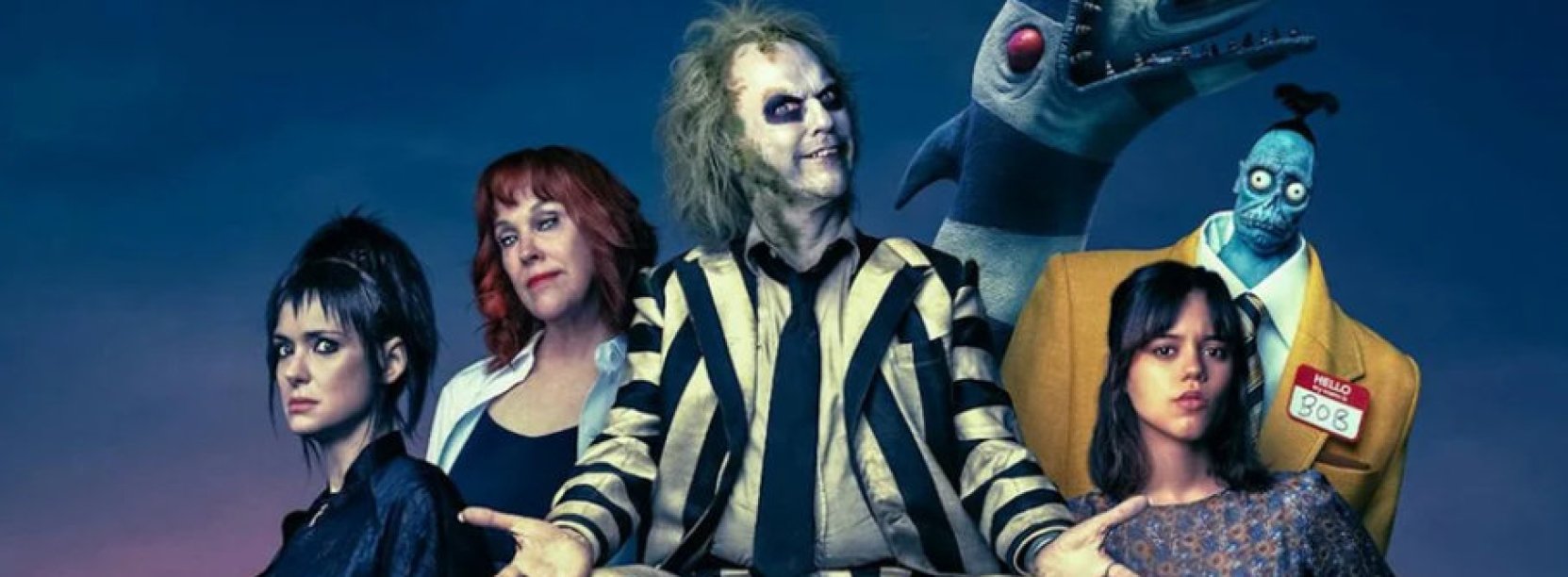 Postacie z filmu Beetlejuice Beetlejuice na granatowym tle