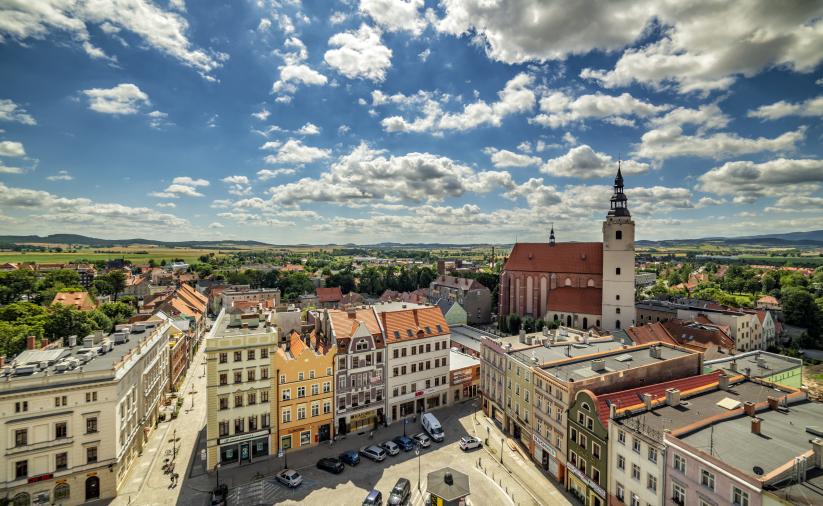 Widok na południowo-wschodnią część miasta z wieży dzierżoniowskiego ratusza