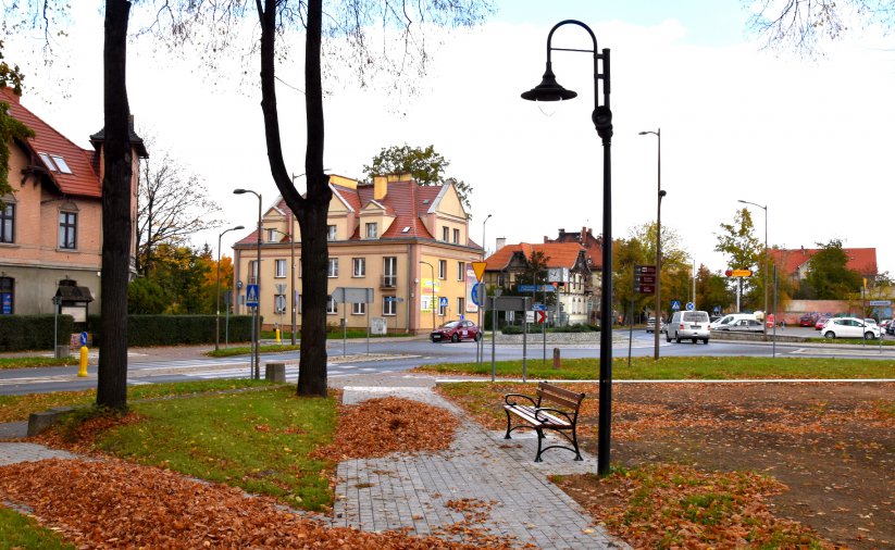 Park w zielenii złotych liściach, po środku alejka