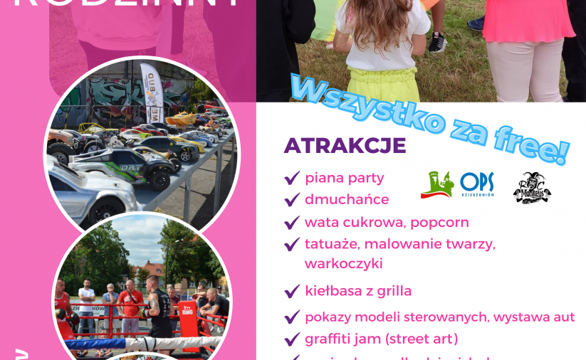 Grafika - napis 3 sierpnia Piknik Rodzinny, obok zdjęcie dzieci podczas zabawy