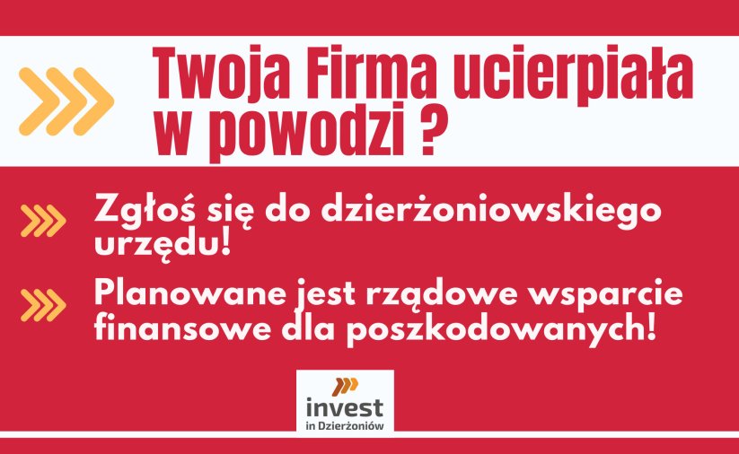 Grafika, czerwone tło, napis Twoja Firma ucierpiała w powodzi?