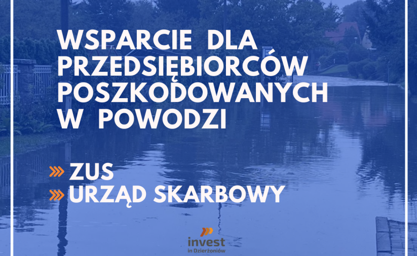 Grafika, niebieskie tło, napis Wsparcie dla przedsiębiorców poszkodowanych w powodzi: ZUS, Urząd Skarbowy. Logotyp Invest in Dzierżoniów. W tle ulica zalana wodą.