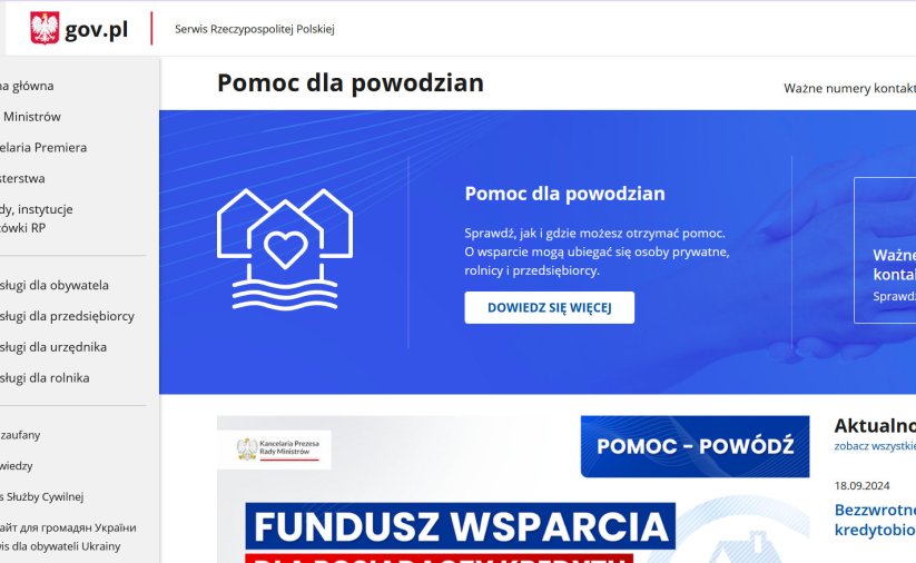 Fragment strony interenetowej z herbem Polski i napisem Pomoc dla powodzian