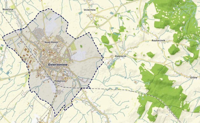 Mapa z zaznaczonymi granicami Dzierżoniowa