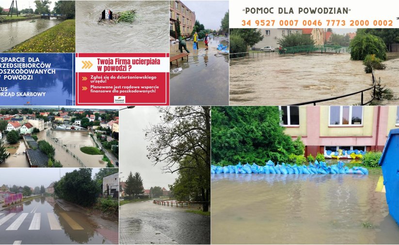 Kolaż zdjęć z powodzi w Dzierżoniowie 