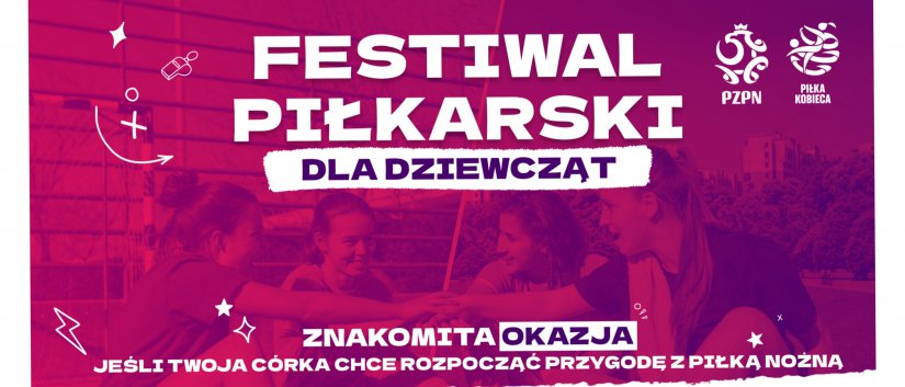 Grafika - napis Festiwal Piłkarski Dziewcząt na fioletoym tle