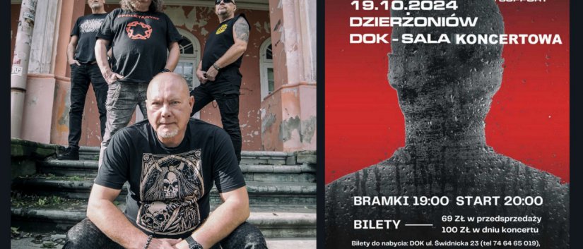 Grafika przedstawiająca zdjecie czterech mężczyzn - członków zespołu Proletaryat i plakat zapraszający na koncert zespołu w Dzierżoniowie 19 października