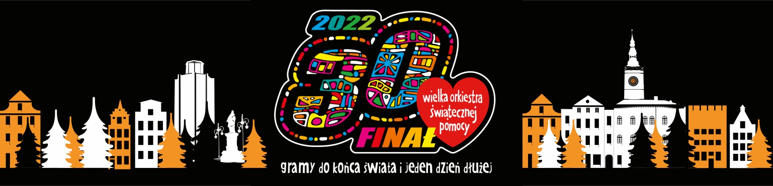 Logotyp WOŚP na czarnym tle i zdjęcie ratusza