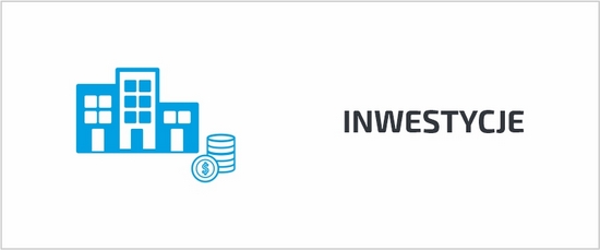 Grafika - niebieska ikona przedstawiająca budynki i banknoty i napis inwestycje