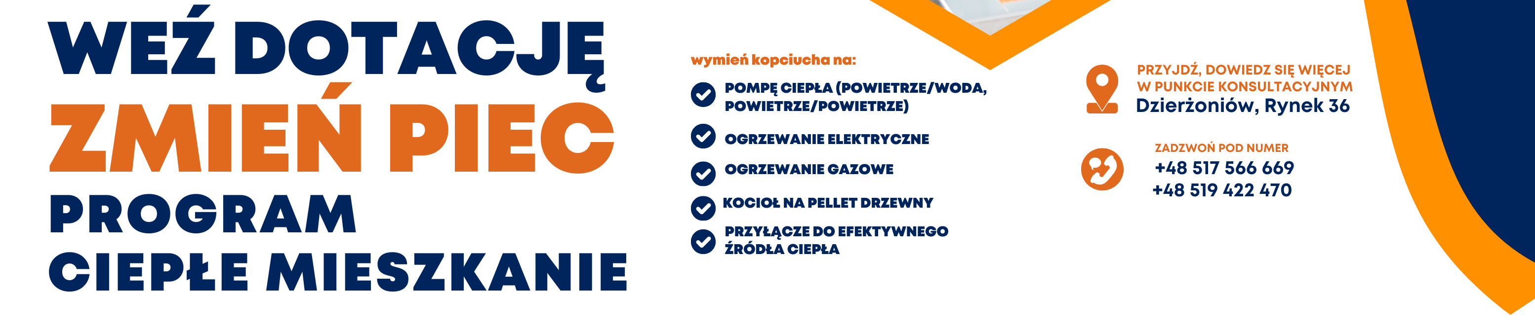 Baner z napisem Weź dotację, zmień piec - program Ciepłe Mieszkanie