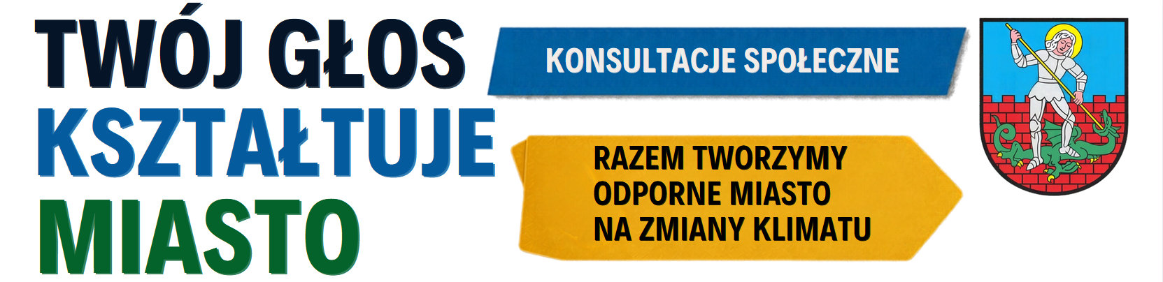 Grafika ozdobna - napis Twój głos kształtuje miasto i herb Dzierżoniowa