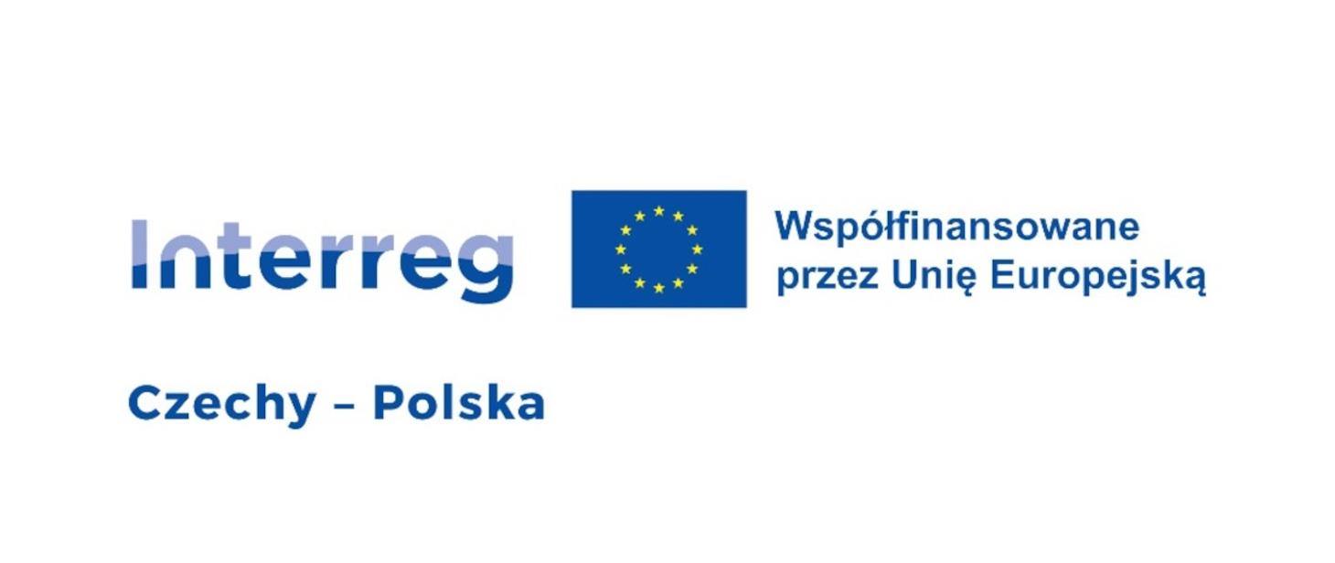 Logo programu Interreg Czechy-Polska, flaga UE i napis Współfinansowane przez Unię Europejską