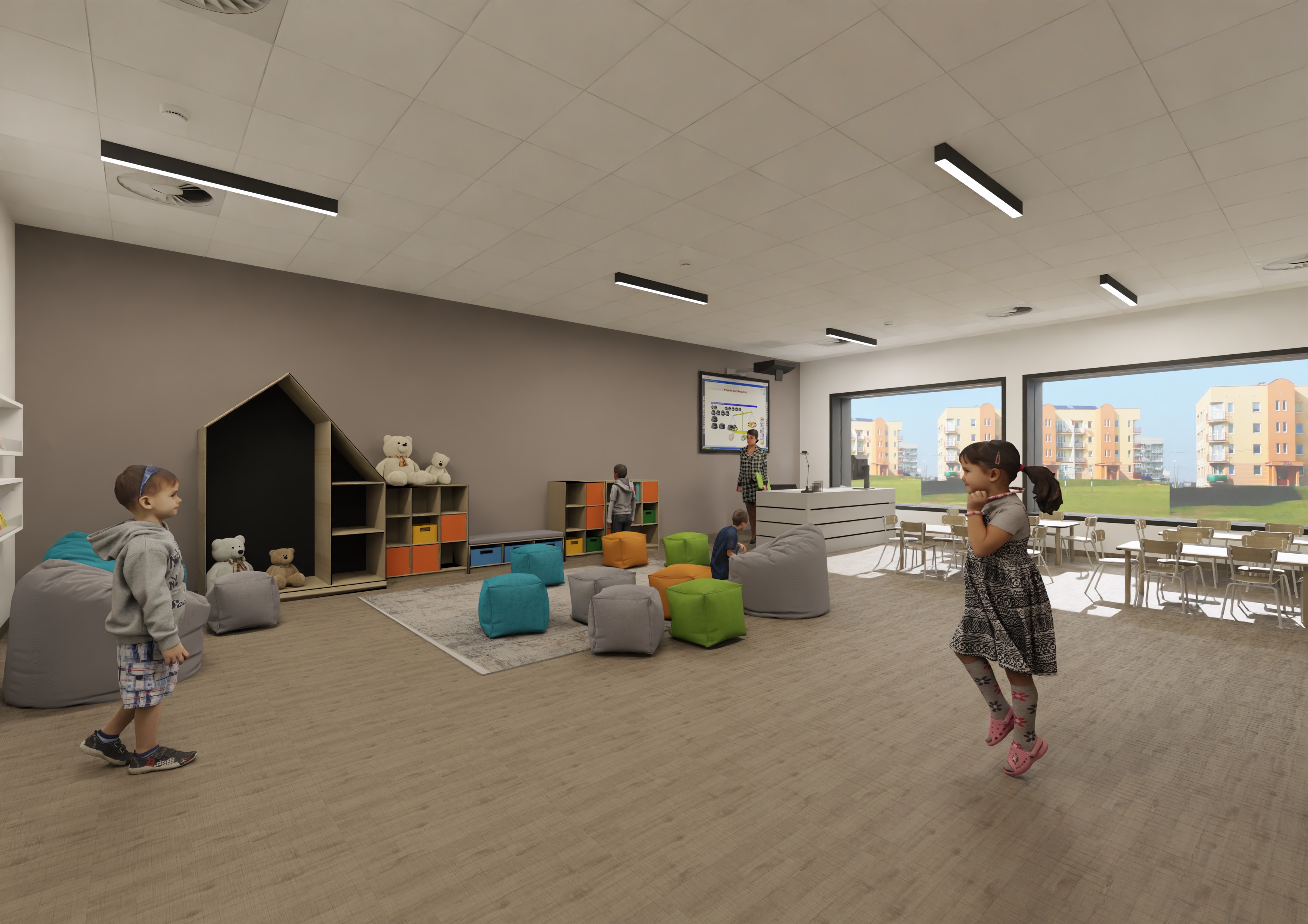 wizualizacja sali z meblami dla przedszkolaków