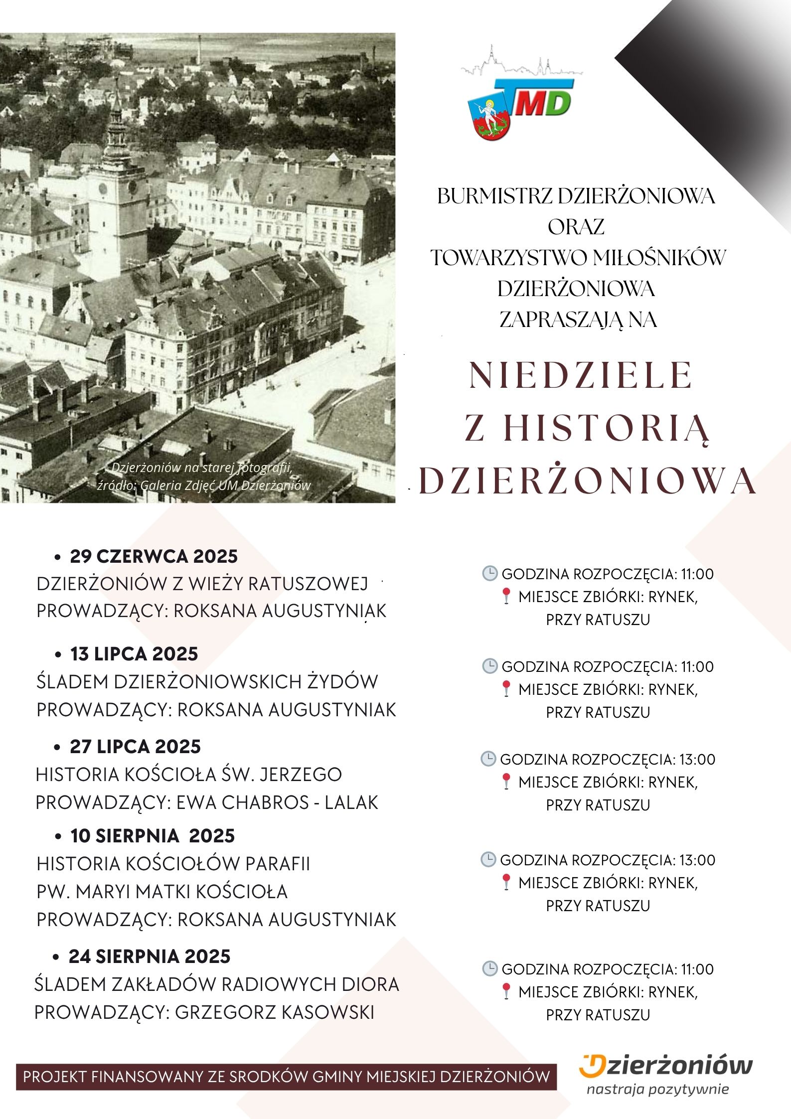 Plakat z informacjami podanymi w tekście i ze zdjęciem dawnego centrum Dzierżoniowa