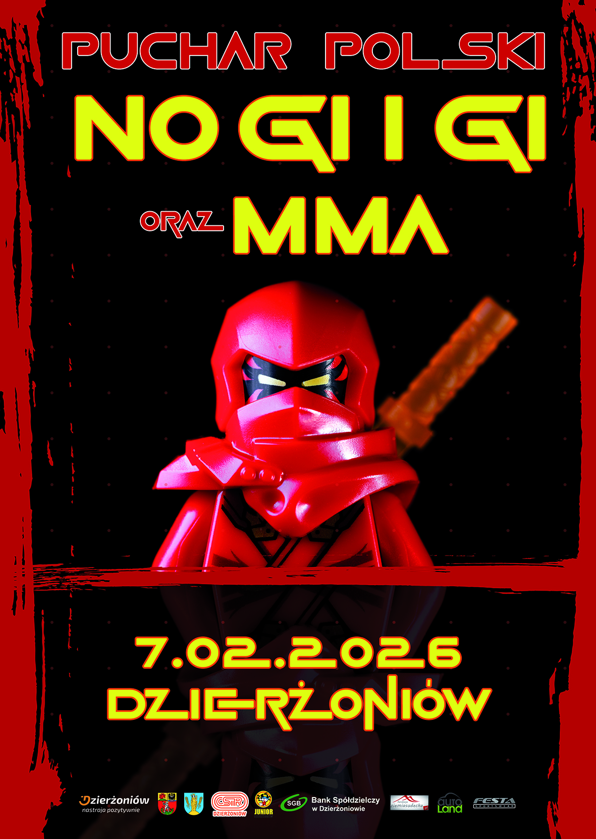 Plakat wydarzenia Puchar Polski NO GI i GI oraz MMA, na środku znajduje się czerwony ludzik w stylu ninja.