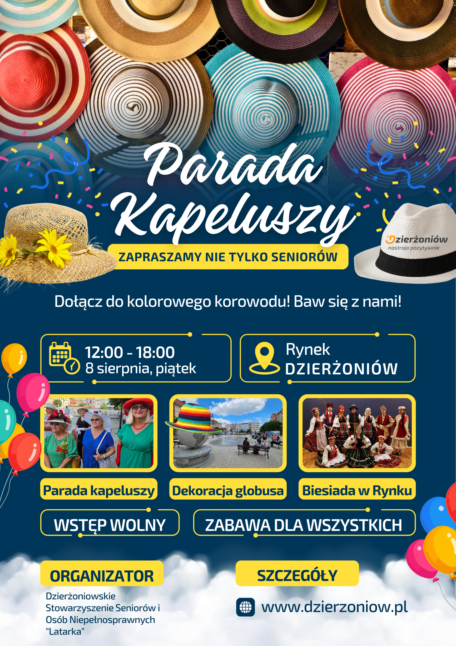 Plakat ze zdjęciem kapeluszy i informacje podane w tekście