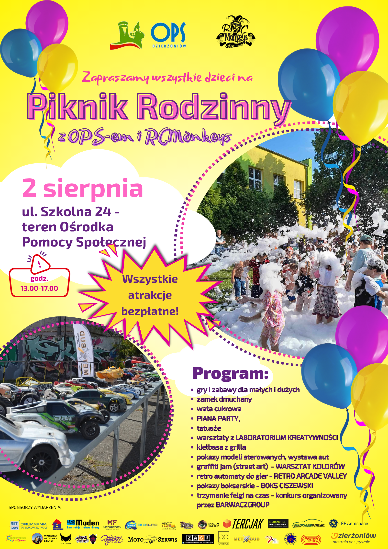 Plakat: na nżóltym tle balony,. zdjęcia bawiących sie dzieci i zaproszenie na piknik rodzinny przy OPS-ie 2 sierpnia od 13.00 do 17.00 - wszystkie atrakcje dla dzieci bezpłatne