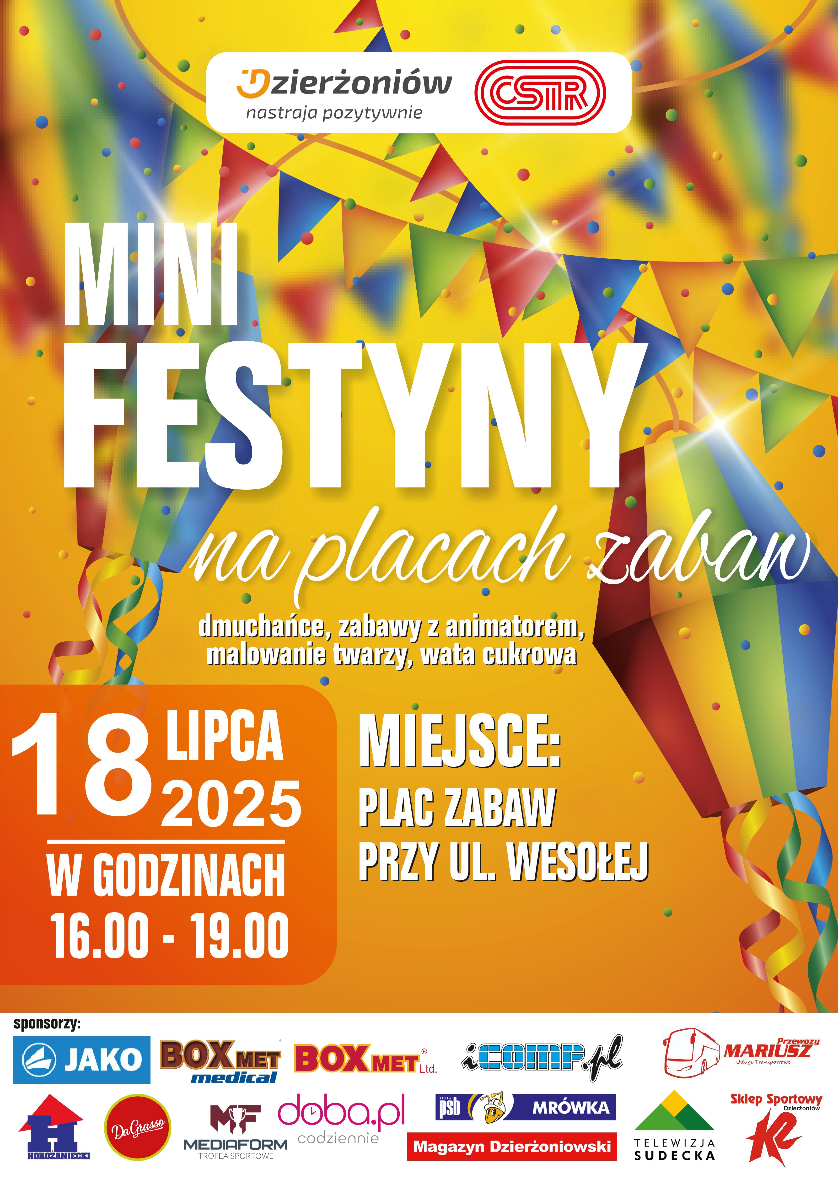 Plakat z informacjami podanymi w informacji i dużym napisem Mini Festytny na Placach Zabaw 