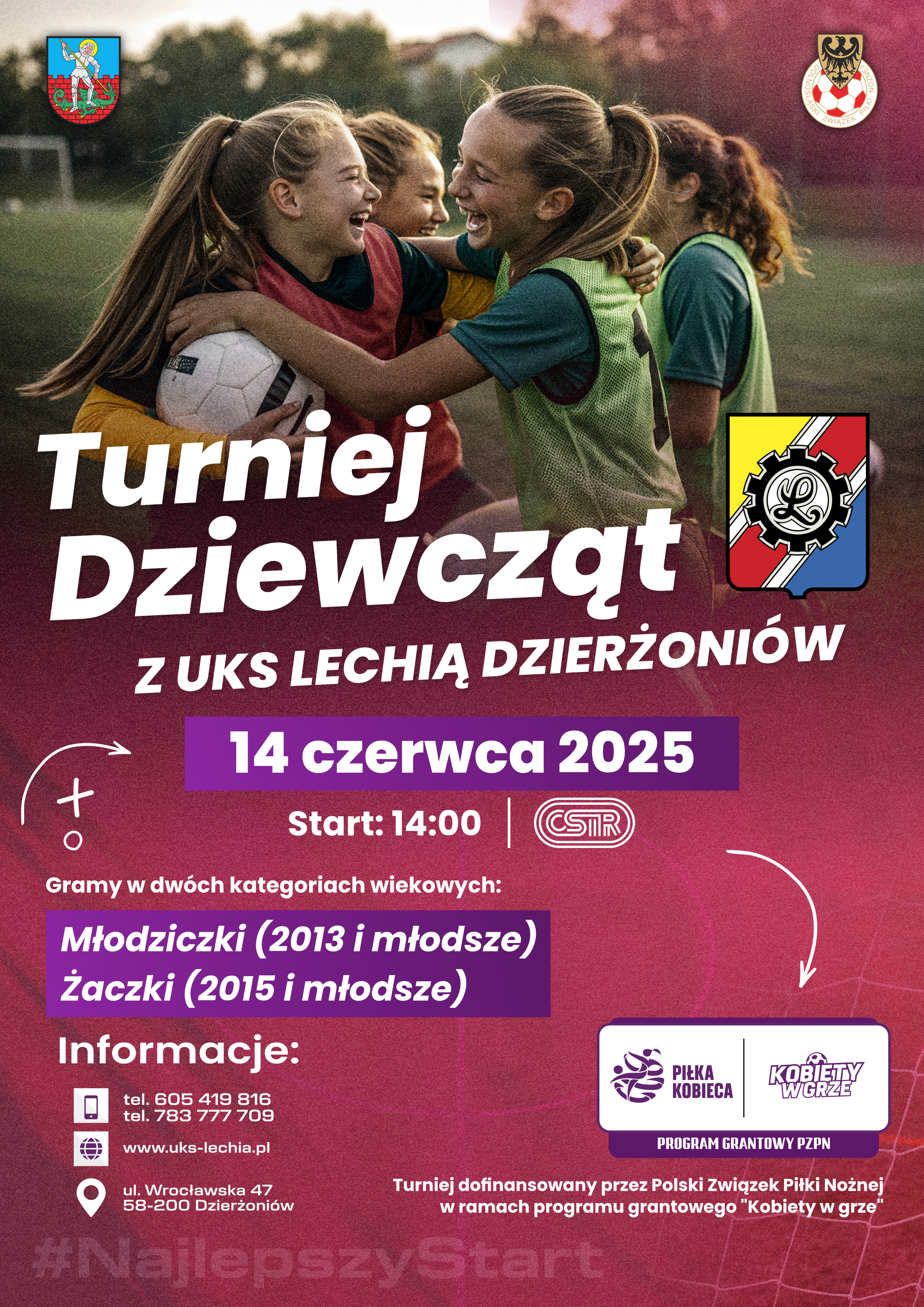 Plakat z informacjami podanymi w tekście i ze zdjęciem młodych, usmiechniętych piłkarek