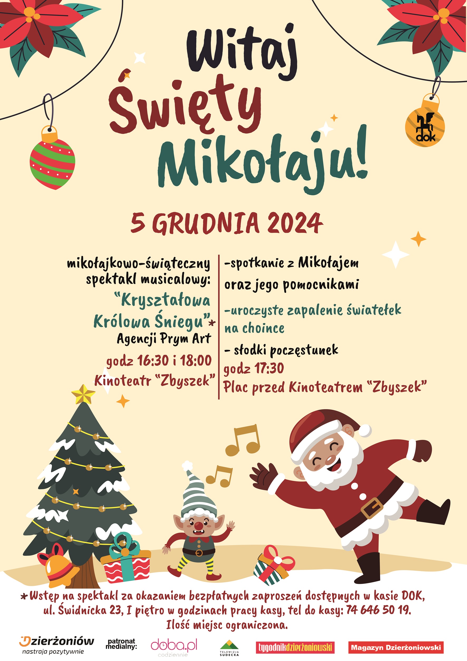 Plakat z informacjami podanymi w tekście i świątecznymi grafikami