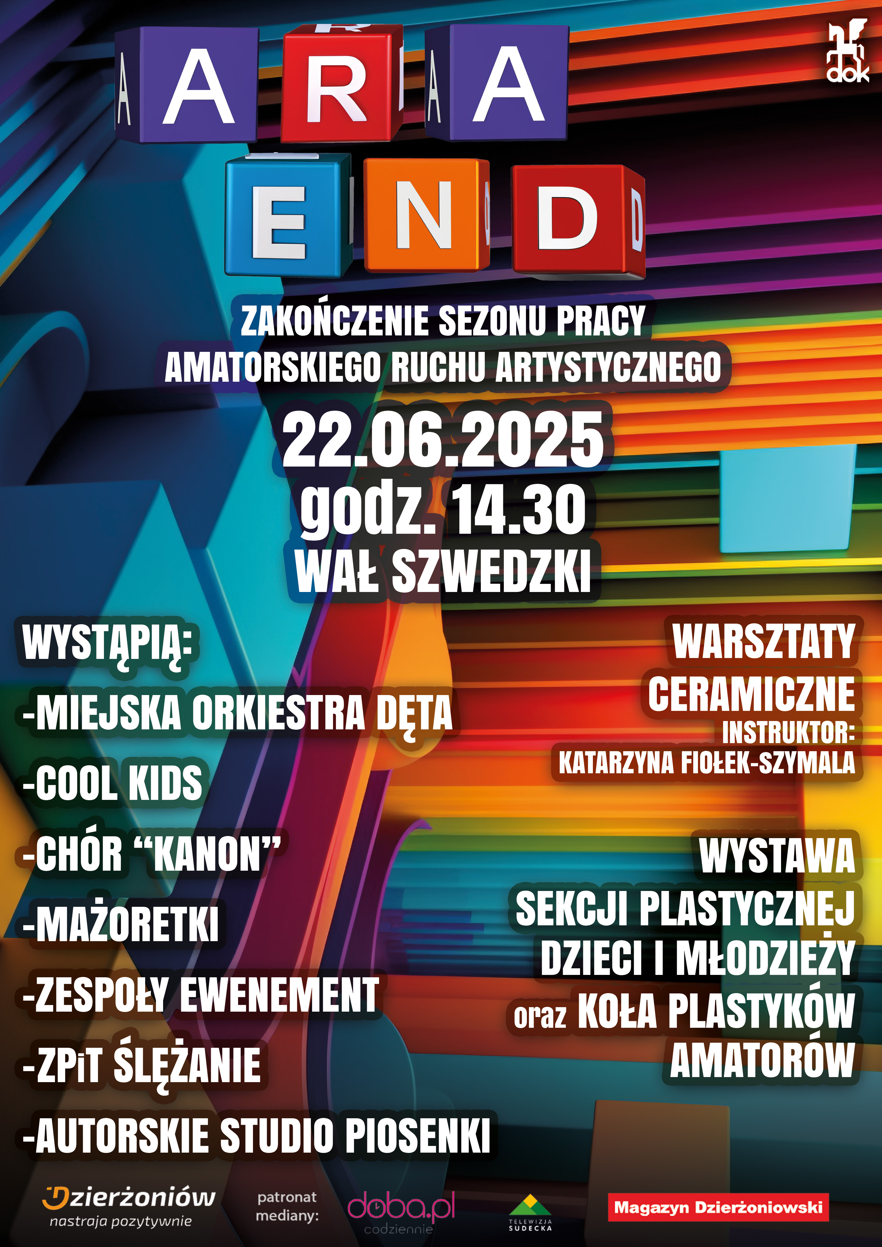 Kolorowy plakat wydarzenia z listą wykonawców podaną w tekśćie