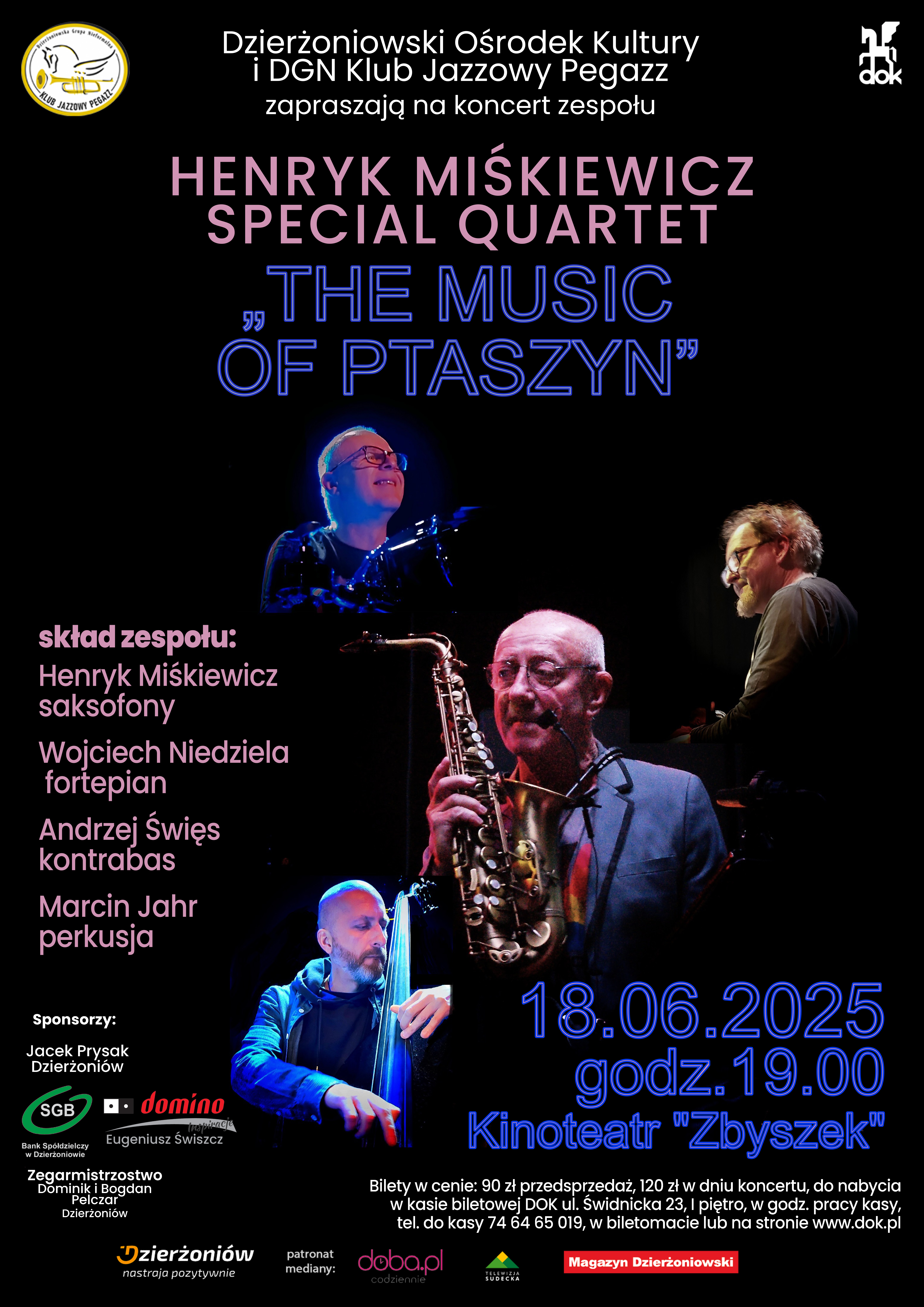 Plakat koncertu z informacjami podanymi w tekście i ze zdjęciami zespołu