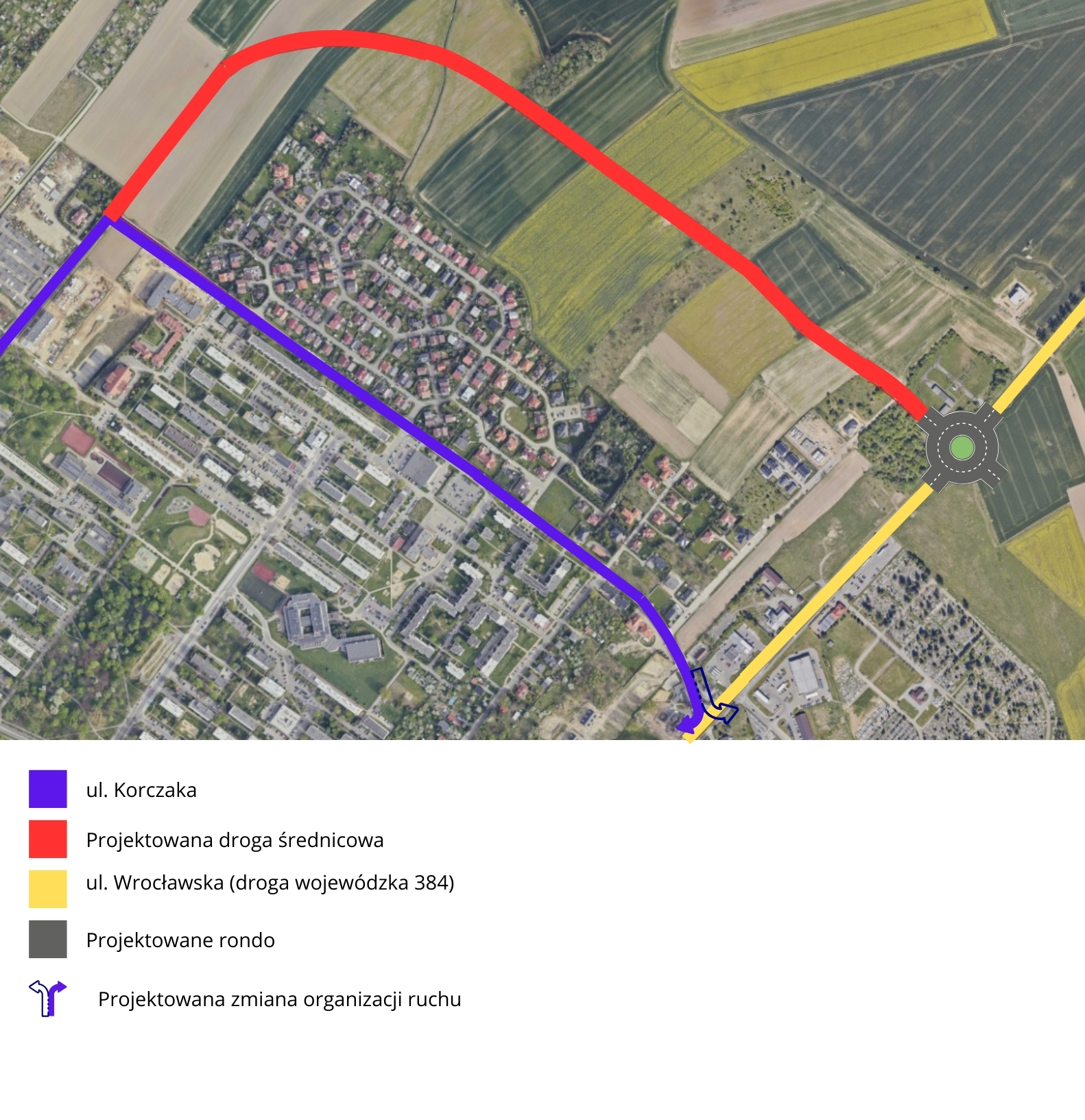 Mapa Dzierżoniowa, na niej naniesione komputerowo rondo i wyznaczony kolorami czerwonym i fioletowym przebieg dróg