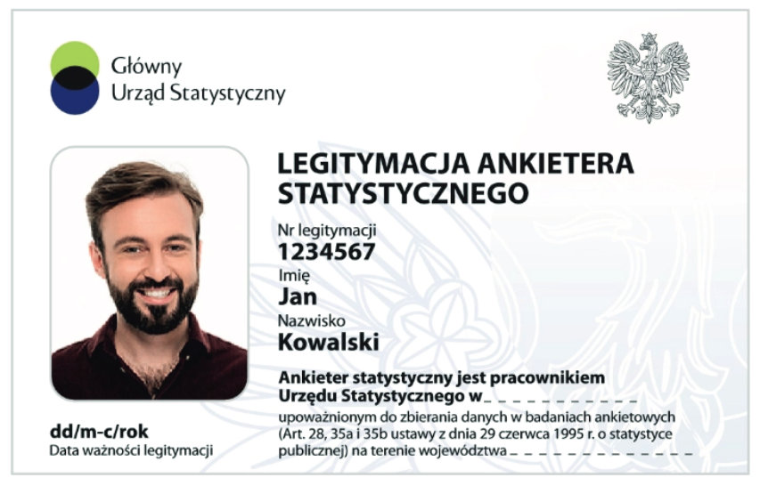 Wzór legitymacji ankieteraz GuS-u, ze zdjęciem, numerem legitymacji i danymi osobowymi