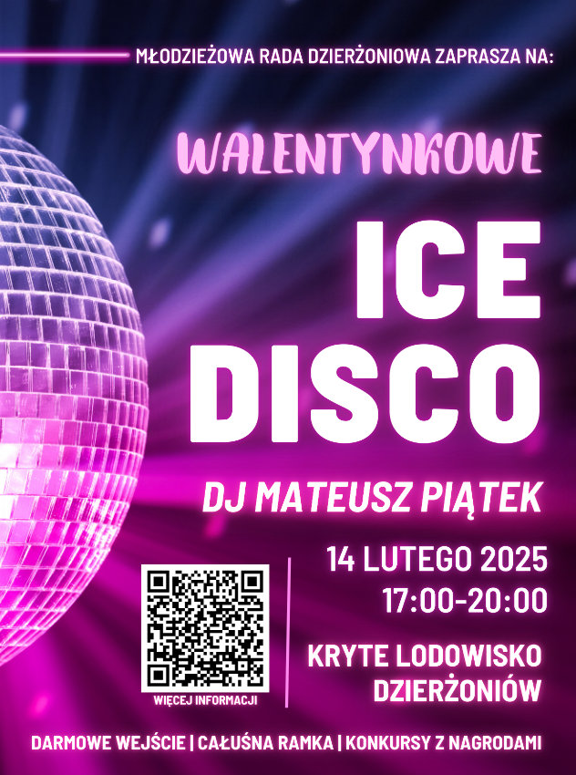 Plakat - fioletowe tło, napis Walentynkow Ice Disco , obok szklana kula dyskotekowa