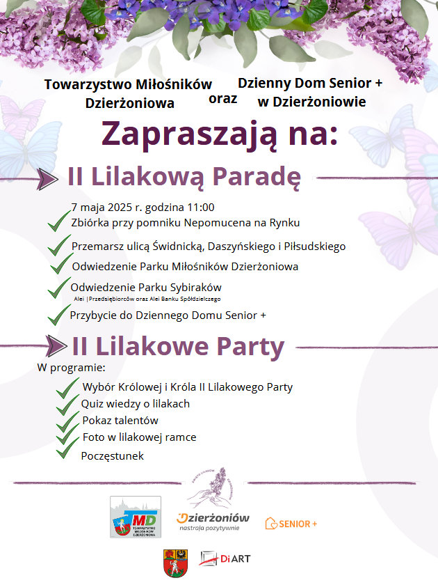 Plakat ze zdjęciami lilaków i inforamcje podane w tle