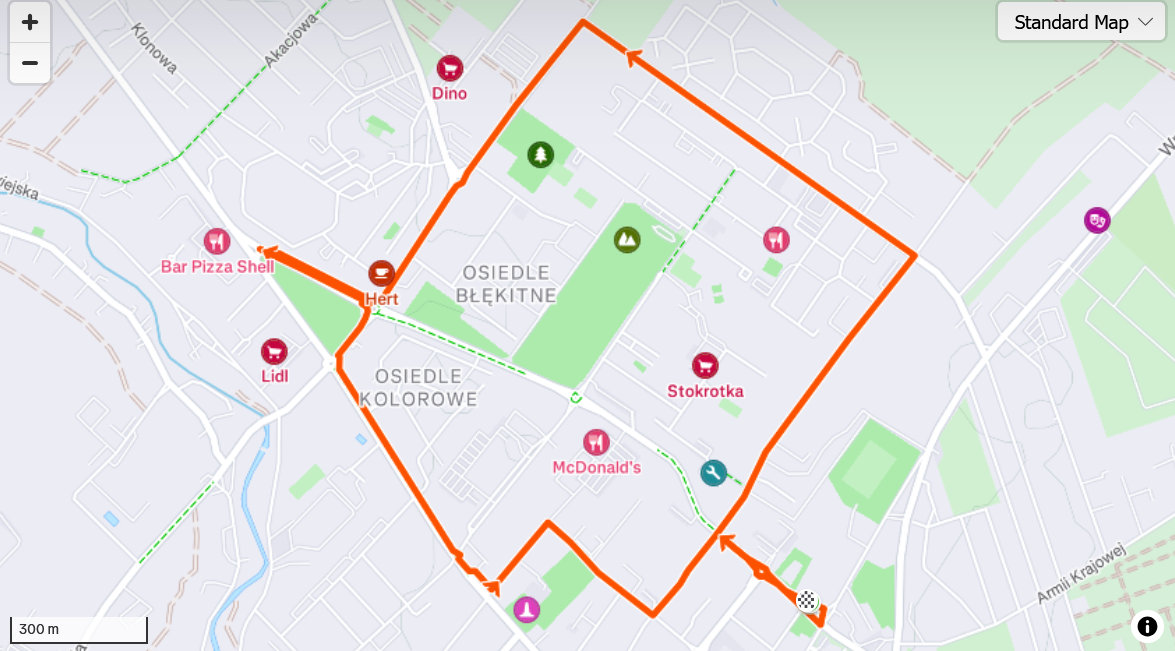Mapa fragmentu Dzierżoniowa z zaznaczonym na czerwono przebiegiem trasy