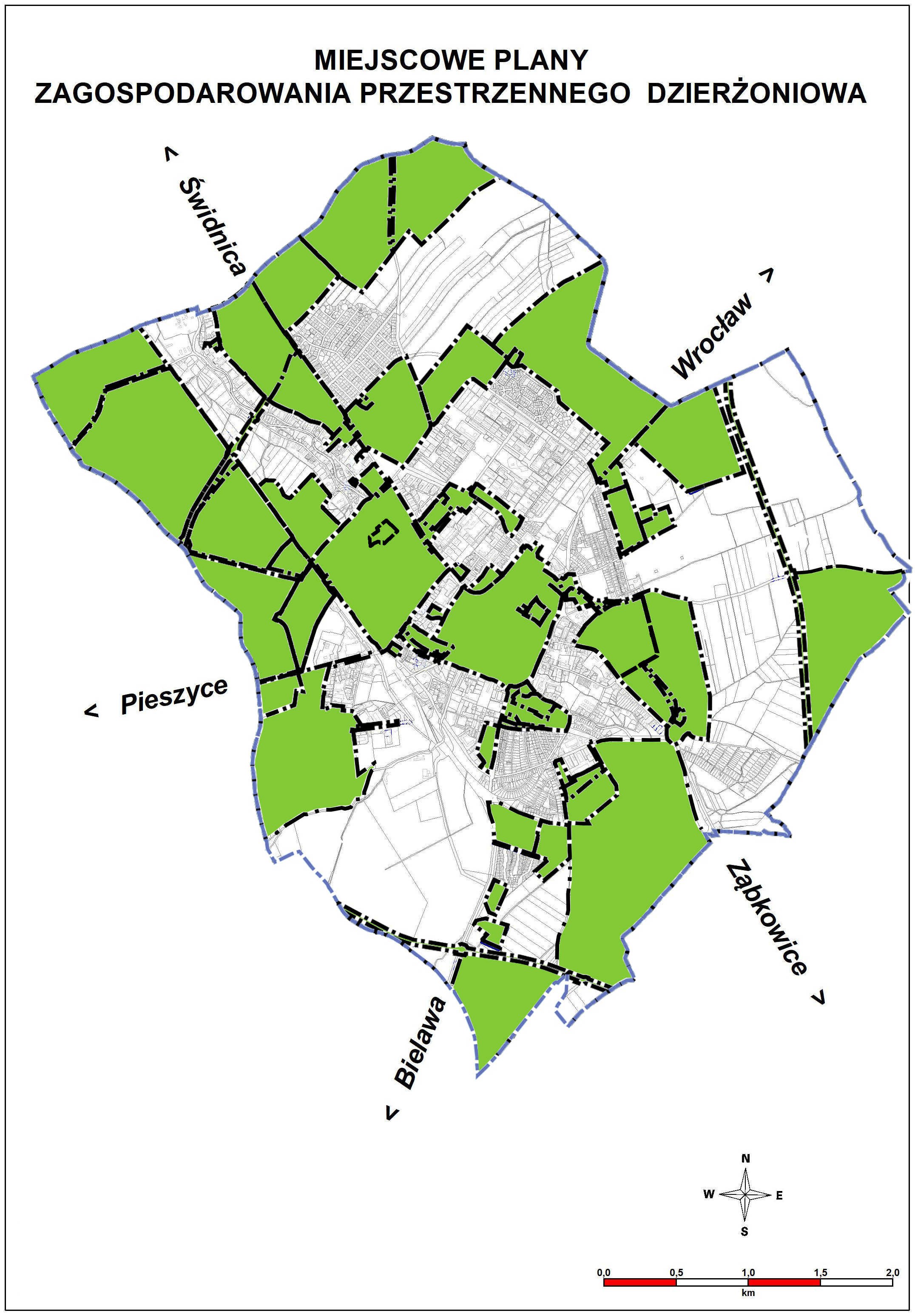 Mapa Dzierżoniowa z zaznaczonymi na zielono terenami objętymi planem zagospodarowania przestrzennego