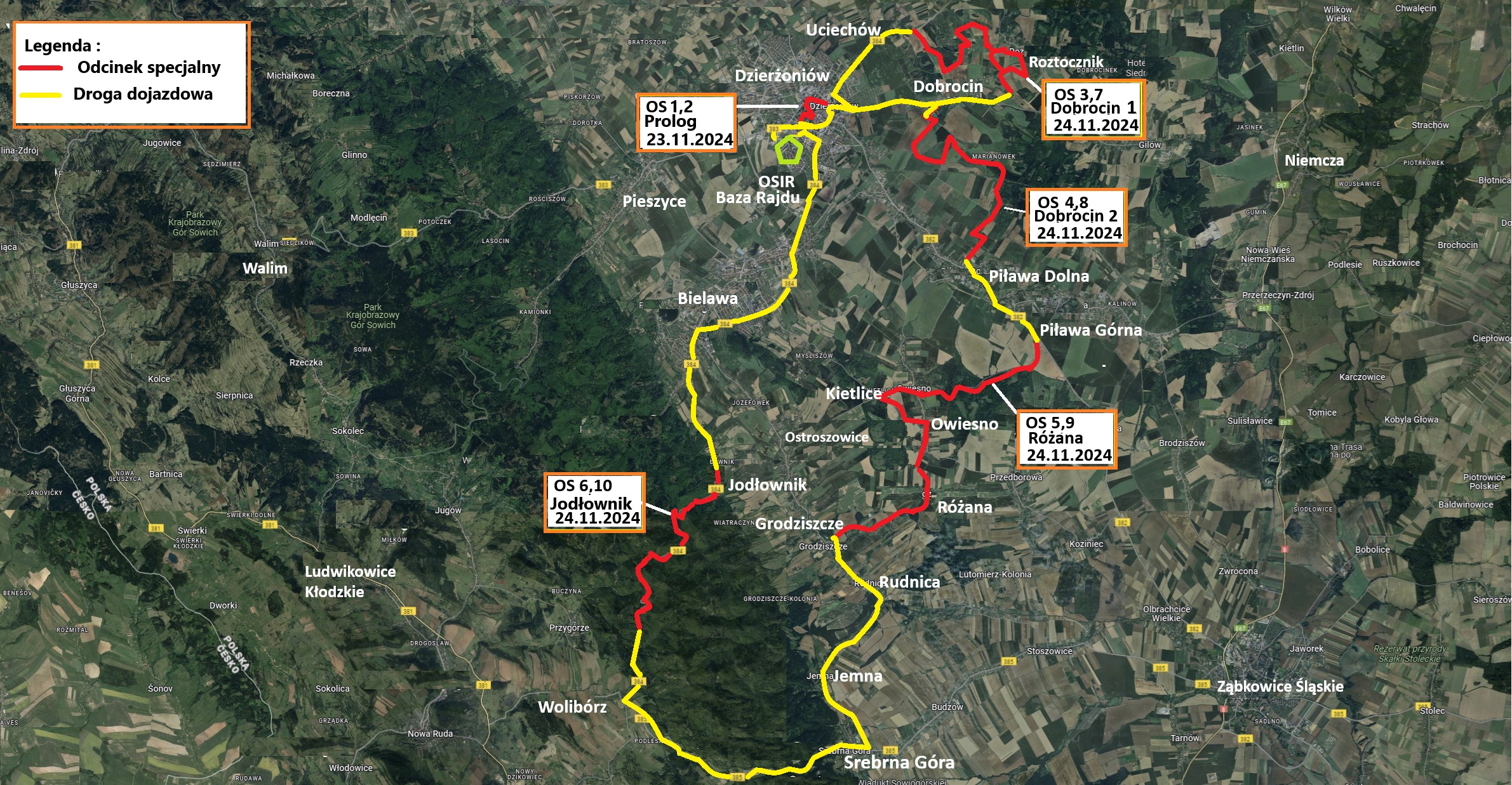 Mapa z zaznaczonym przebiegiem tras wyścigu