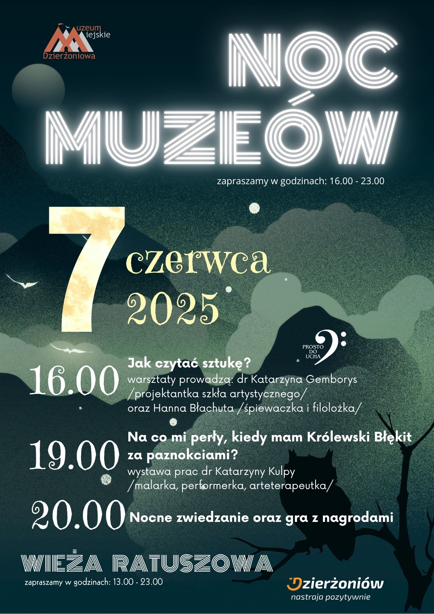 Plakat wydarzenia z dużym napisem Noc Muzeów i informacje podane w tekście