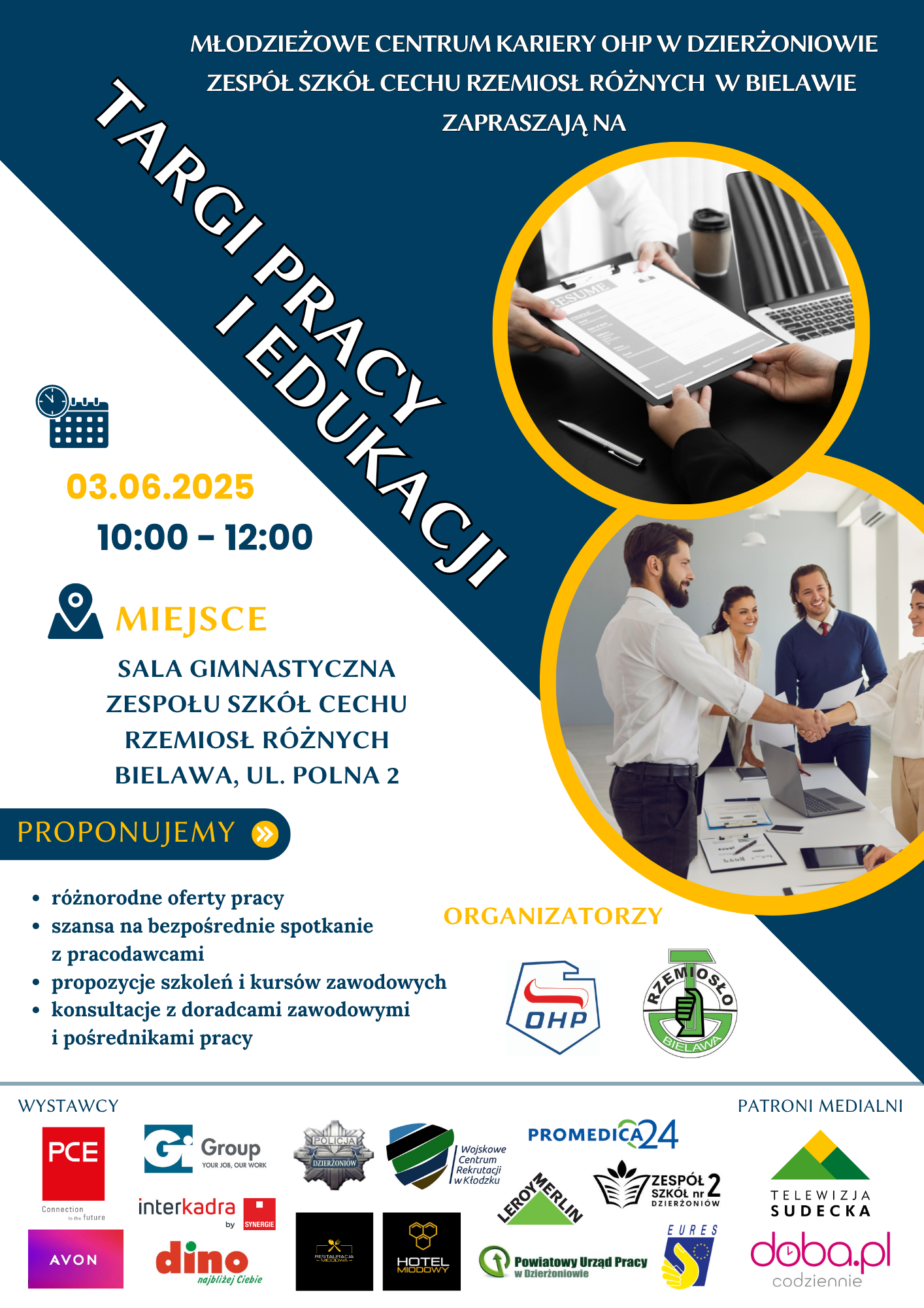 Plakat z informacjami podanymi w tekście i zdjęciami rozmwiajacych osób
