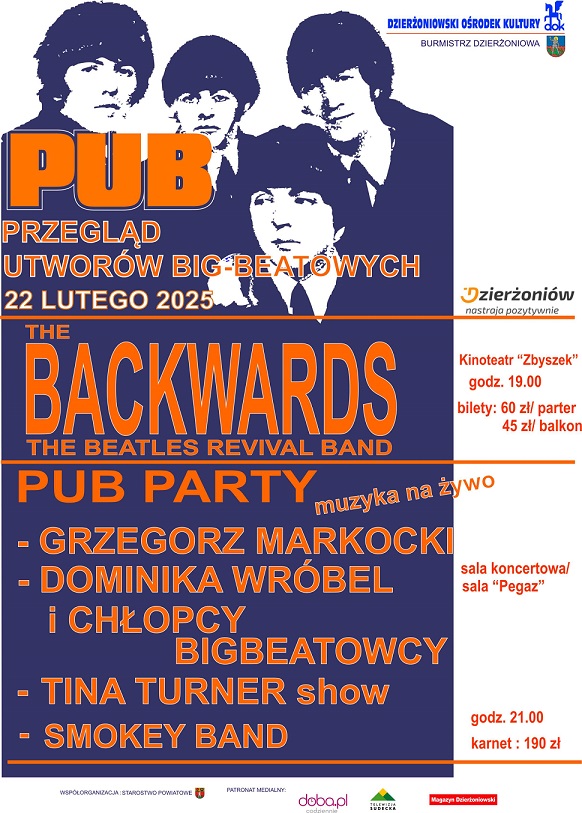 Plakat PUB-u z rysunkiem czterech muzyków The Beatles i informacje podane w tekście