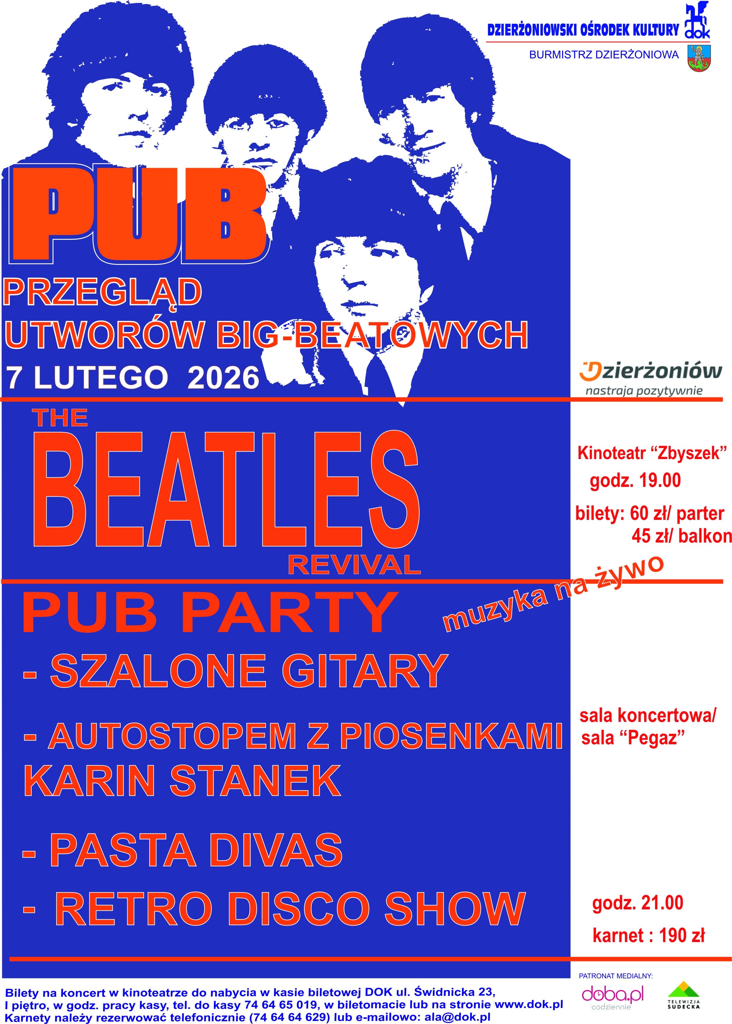 Dzierżoniowski Ośrodek Kultury i Cafe Pegaz zapraszają na wyjątkowy Przegląd Utworów Big-Beatowych, który łączy pokolenia i celebruje energię kultowych brzmień. Tegoroczna edycja, będąca ostatnią w dotychczasowej formule, zwieńczona będzie koncertem zespołu The Beatles Revival oraz występami artystów big-beatu i disco.