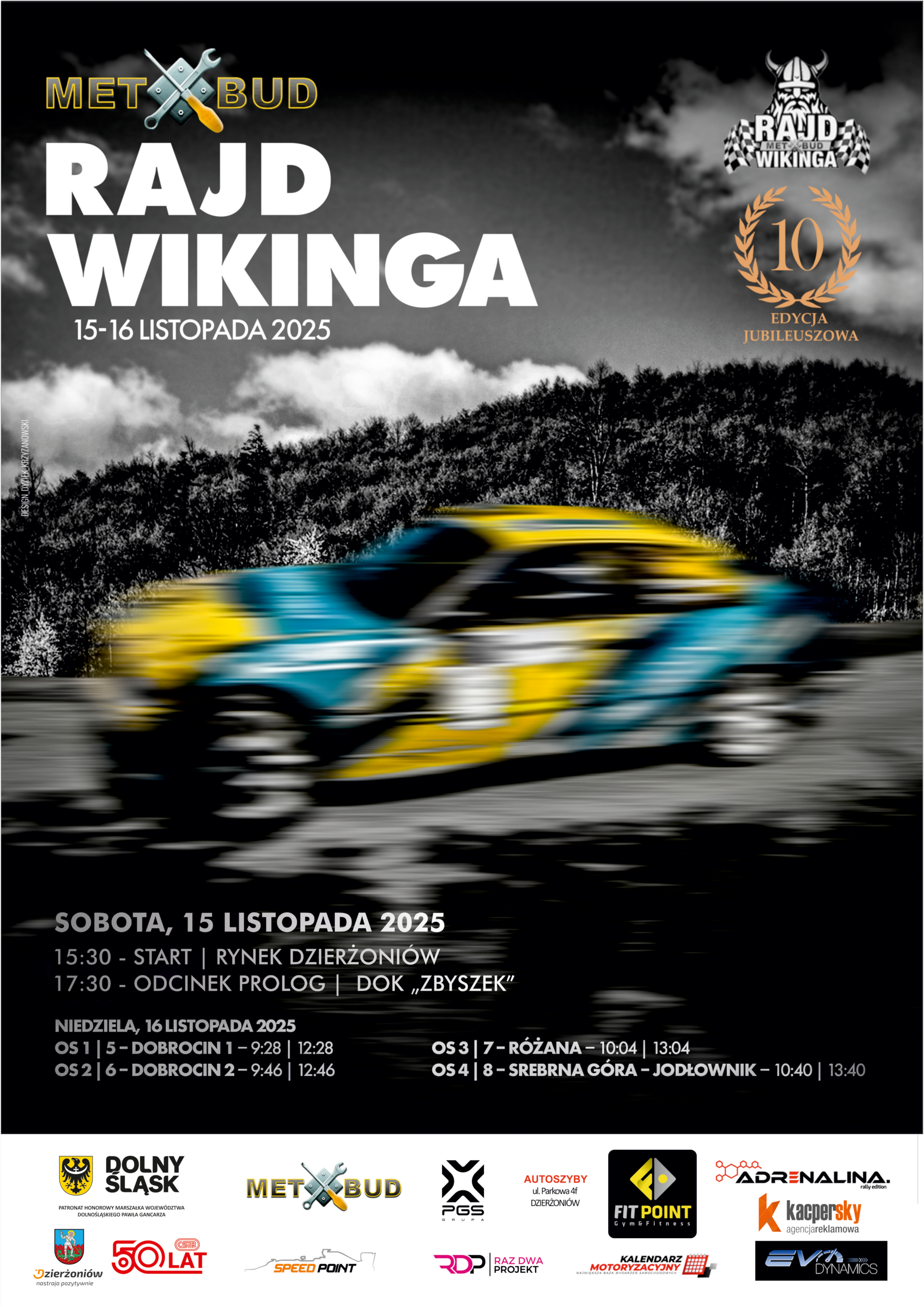 plakat z napisem met bud rajd wikinga edycja jubileuszowa, samochodem rajdowym na ciemnym tle