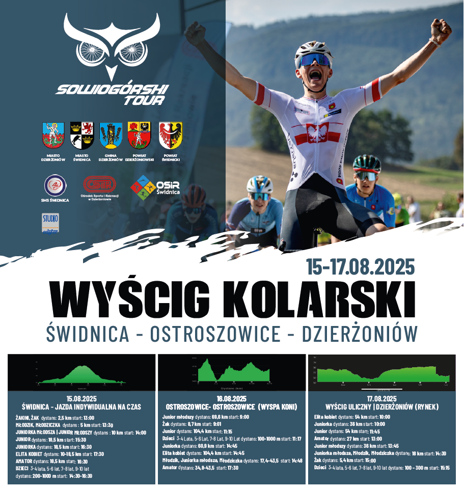 plakat informujący o wyściu Sowiogórski Tour, zdjęcie kolarza, herbyb i logotypy organizatorów, opisy tras - jak w treści informacji powyżej