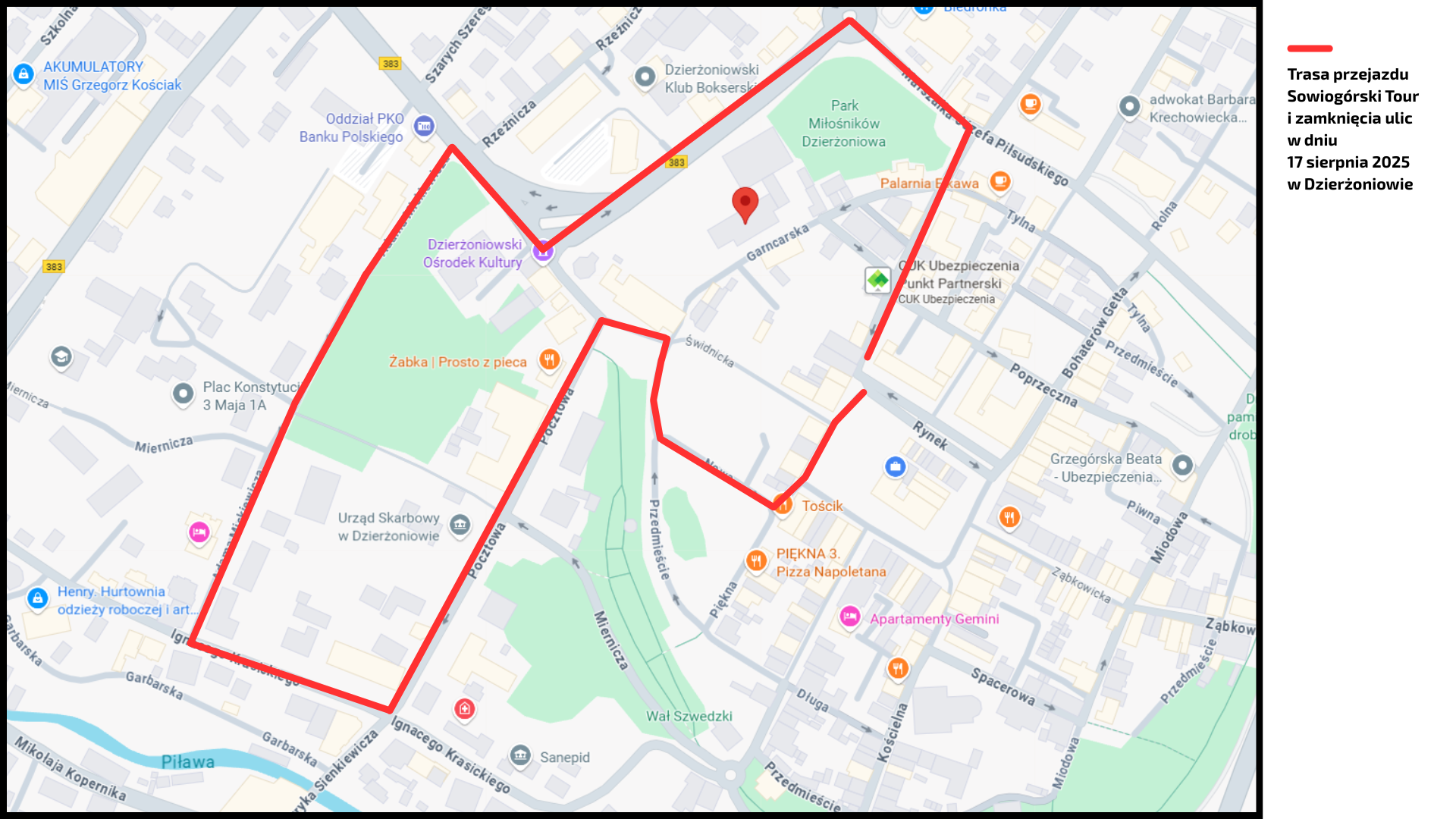 Plan miasta Dzierzoniów z naniesioną kolorem czerwonym  trasą przejazdu wyścigu Sowiogórski Tour