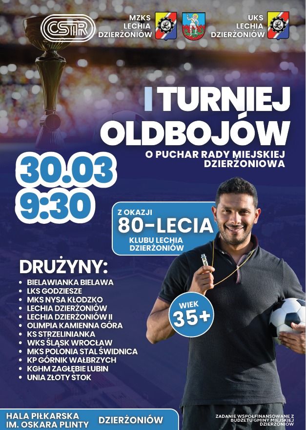 Plakat turnieju ze zdjęćiem trzymającym piłke w jednej i gwizdek w drugiej ręce oraz inforamacje podane w tekście