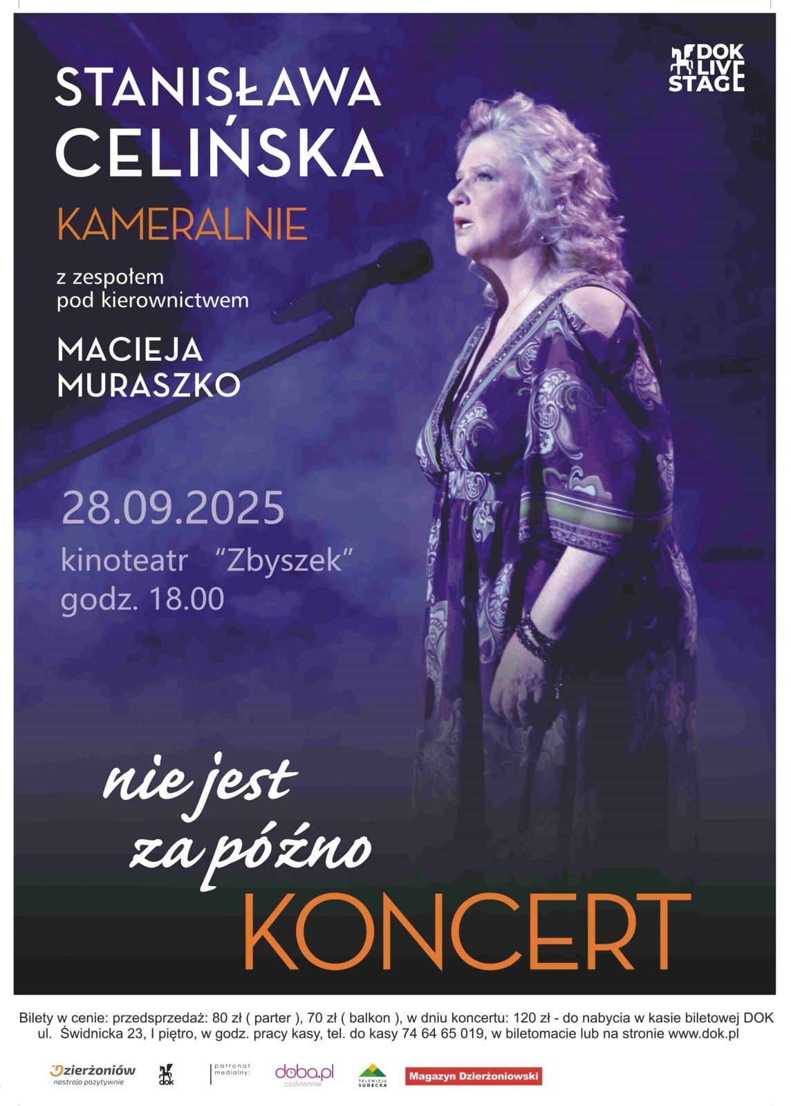 Plakat koncertu z informacjami podanymi w tekście i ze zdjęciem Stanisławy Celińskiej podczas koncertu
